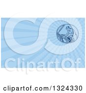 Clipart Of A Retro Sketched Or Engraved Mechanic Working On A Cars Engine And Blue Rays Background Or Business Card Design Royalty Free Illustration