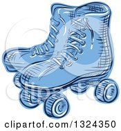 Retro Blue Engraved Or Sketched Pair Of Roller Skates