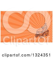 Clipart Of A Retro Sketched Man Driving A Ride On Mower And Orange Rays Background Or Business Card Design Royalty Free Illustration