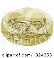 Poster, Art Print Of Retro Engraved Or Sketched Farmer And Horse Powing A Field