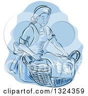 Poster, Art Print Of Retro Engraved Or Sketched Maid Carrying A Basket Of Laundry Over Blue