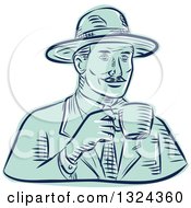 Retro Engraved Or Sketched Man In A Fedora Hat Drinking Coffee