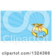 Poster, Art Print Of Retro Male Electrician Holding A Bolt And Blue Rays Background Or Business Card Design