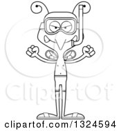Lineart Clipart Of A Cartoon Black And White Angry Mosquito In Snorkel Gear Royalty Free Outline Vector Illustration