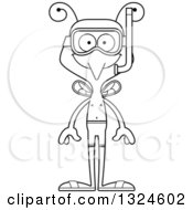 Lineart Clipart Of A Cartoon Black And White Happy Mosquito In Snorkel Gear Royalty Free Outline Vector Illustration