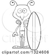Lineart Clipart Of A Cartoon Black And White Happy Mosquito Surfer Royalty Free Outline Vector Illustration