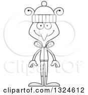Lineart Clipart Of A Cartoon Black And White Happy Mosquito In Winter Clothes Royalty Free Outline Vector Illustration