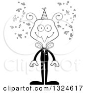 Lineart Clipart Of A Cartoon Black And White Happy New Year Party Mosquito Royalty Free Outline Vector Illustration
