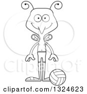 Lineart Clipart Of A Cartoon Black And White Happy Mosquito Beach Volleyball Player Royalty Free Outline Vector Illustration