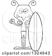 Lineart Clipart Of A Cartoon Black And White Angry Mosquito Surfer Royalty Free Outline Vector Illustration