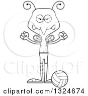 Lineart Clipart Of A Cartoon Black And White Angry Mosquito Beach Volleyball Player Royalty Free Outline Vector Illustration