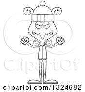Lineart Clipart Of A Cartoon Black And White Angry Mosquito In Winter Clothes Royalty Free Outline Vector Illustration