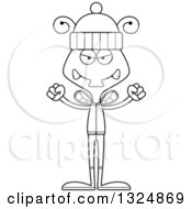 Lineart Clipart Of A Cartoon Black And White Mad Housefly In Winter Clothes Royalty Free Outline Vector Illustration