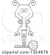 Lineart Clipart Of A Cartoon Black And White Happy Housefly Beach Volleyball Player Royalty Free Outline Vector Illustration