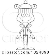 Lineart Clipart Of A Cartoon Black And White Happy Housefly In Winter Clothes Royalty Free Outline Vector Illustration