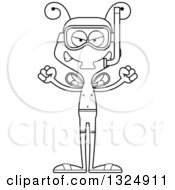 Lineart Clipart Of A Cartoon Black And White Mad Housefly In Snorkel Gear Royalty Free Outline Vector Illustration