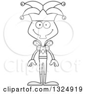 Lineart Clipart Of A Cartoon Black And White Happy Housefly Jester Royalty Free Outline Vector Illustration