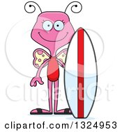 Poster, Art Print Of Cartoon Happy Pink Butterfly Sufer