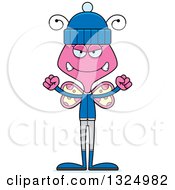 Poster, Art Print Of Cartoon Mad Pink Butterfly In Winter Clothes