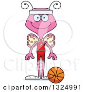 Clipart Of A Cartoon Happy Pink Butterfly Basketball Player Royalty Free Vector Illustration