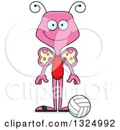 Clipart Of A Cartoon Happy Pink Butterfly Beach Volleyball Player Royalty Free Vector Illustration
