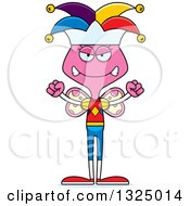 Clipart Of A Cartoon Mad Pink Butterfly Jester Royalty Free Vector Illustration