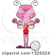 Clipart Of A Cartoon Mad Pink Butterfly Beach Volleyball Player Royalty Free Vector Illustration by Cory Thoman