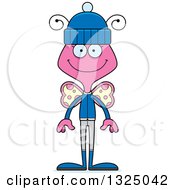 Poster, Art Print Of Cartoon Happy Pink Butterfly In Winter Clothes