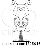 Lineart Clipart Of A Cartoon Black And White Happy Butterfly Hiker Royalty Free Outline Vector Illustration