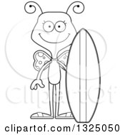 Lineart Clipart Of A Cartoon Black And White Happy Butterfly Sufer Royalty Free Outline Vector Illustration