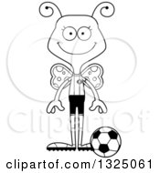 Lineart Clipart Of A Cartoon Black And White Happy Butterfly Soccer Player Royalty Free Outline Vector Illustration