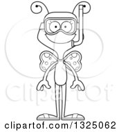 Lineart Clipart Of A Cartoon Black And White Happy Butterfly In Snorkel Gear Royalty Free Outline Vector Illustration