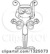 Lineart Clipart Of A Cartoon Black And White Mad Butterfly In Snorkel Gear Royalty Free Outline Vector Illustration