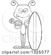 Lineart Clipart Of A Cartoon Black And White Mad Butterfly Sufer Royalty Free Outline Vector Illustration
