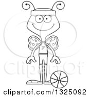 Lineart Clipart Of A Cartoon Black And White Happy Butterfly Basketball Player Royalty Free Outline Vector Illustration