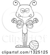 Lineart Clipart Of A Cartoon Black And White Mad Butterfly Beach Volleyball Player Royalty Free Outline Vector Illustration