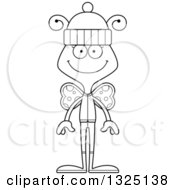 Lineart Clipart Of A Cartoon Black And White Happy Butterfly In Winter Clothes Royalty Free Outline Vector Illustration