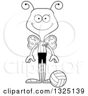 Lineart Clipart Of A Cartoon Black And White Happy Butterfly Volleyball Player Royalty Free Outline Vector Illustration