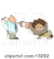 Male Lion Tamer Holding A Chair And Whip While Training The Cat Clipart Illustration
