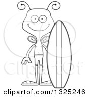 Lineart Clipart Of A Cartoon Black And White Happy Bee Surfer Royalty Free Outline Vector Illustration