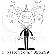 Lineart Clipart Of A Cartoon Black And White Happy New Year Party Bee Royalty Free Outline Vector Illustration