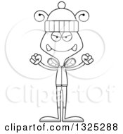 Lineart Clipart Of A Cartoon Black And White Mad Bee In Winter Clothes Royalty Free Outline Vector Illustration