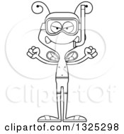 Lineart Clipart Of A Cartoon Black And White Mad Bee In Snorkel Gear Royalty Free Outline Vector Illustration