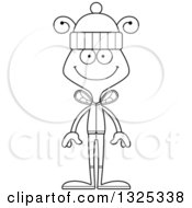 Lineart Clipart Of A Cartoon Black And White Happy Bee In Winter Clothes Royalty Free Outline Vector Illustration