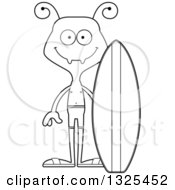 Lineart Clipart Of A Cartoon Black And White Happy Ant Surfer Royalty Free Outline Vector Illustration