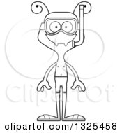 Lineart Clipart Of A Cartoon Black And White Happy Ant In Snorkel Gear Royalty Free Outline Vector Illustration
