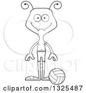 Lineart Clipart Of A Cartoon Black And White Happy Ant Beach Volleyball Player Royalty Free Outline Vector Illustration