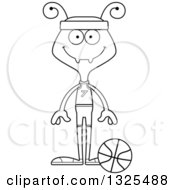 Lineart Clipart Of A Cartoon Black And White Happy Ant Basketball Player Royalty Free Outline Vector Illustration