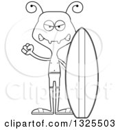 Lineart Clipart Of A Cartoon Black And White Mad Ant Surfer Royalty Free Outline Vector Illustration