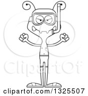 Lineart Clipart Of A Cartoon Black And White Mad Ant In Snorkel Gear Royalty Free Outline Vector Illustration